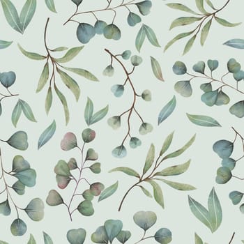 Eucalyptus and twigs seamless watercolor pattern on light green background