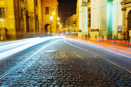 Night View of traffic lights in street in Prague, Czech Republic.