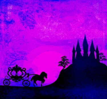Carriage at sunset. Silhouette of a horse carriage and a medieval castle