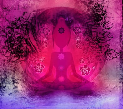 Yoga lotus pose. Padmasana with colored chakra points.