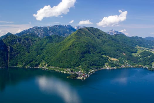 Traunsee lake with alps mountain and city Traunkirchen from hill Kleiner Schonberg. Austria landscape. Upper Austria, Austria