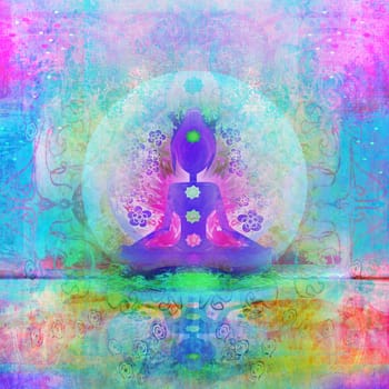 Yoga lotus pose. Padmasana with colored chakra points.