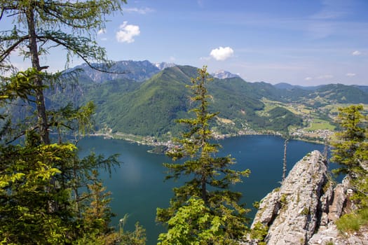 Traunsee lake with alps mountain and city Traunkirchen from hill Kleiner Schonberg. Austria landscape. Upper Austria, Austria