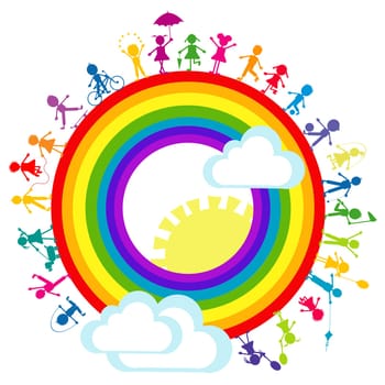 Background with hand drawn colored stylized kids around rainbow