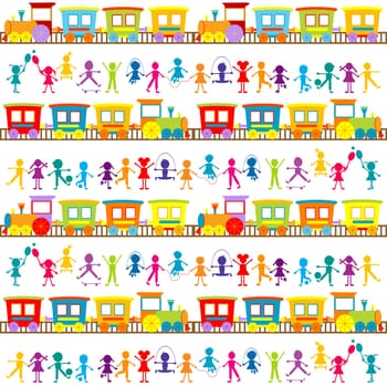 Background for kids with cartoon stylized hand drawn colored children and trains