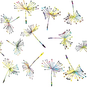 Abstract colored seeds of dandelion flying seamless pattern
