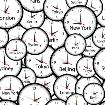 Seamless pattern with wall clocks and time in different cities