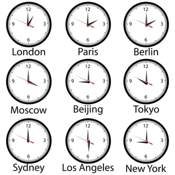 World time zone with wall clocks showing time in different cities of the world.