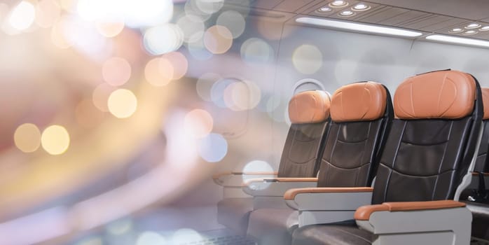 Empty aircraft seats and windows, passenger seat interior airplane, Chair on plane, cabin with modern leather chair, travel and airline business conept