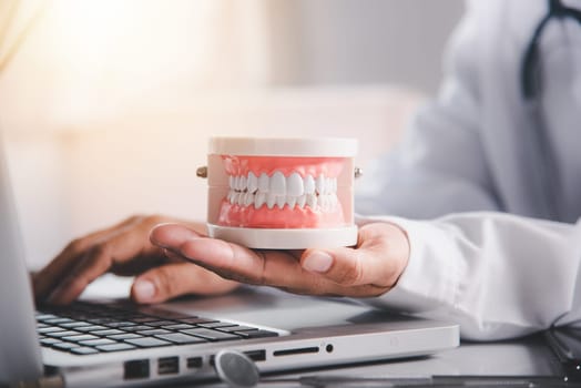 Oral dental hygiene. Female doctor sitting and hold tooth on desk at clinic office have laptop computer, Dentist woman hand holding educational jaw model of oral cavity with teeth at workplace