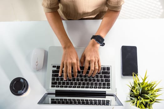 Typing keyboard. Female person text message for new project she remote work on computer, Closeup Hands of business woman over laptop keypad during working at desk, teen chat online with friend