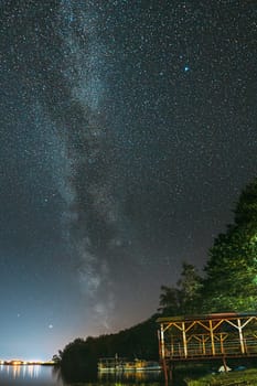 Night Stars Above Lake. Milky Way Galaxy And Natural Starry Sky Background Backdrop Landscape.