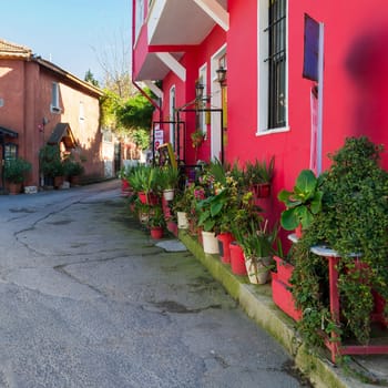 Istanbul, Turkey - November 10, 2013: Street view with Pink house at Anadolu Kavagi
