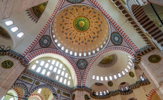 Decorated ceiling at Sultan Ahmed Mosque - Blue Mosque - showing the main big dome, Istanbul, Turkey