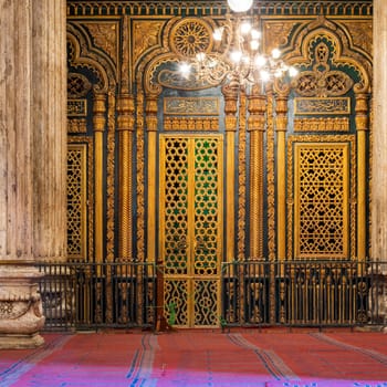 Tomb -Shrine - of Muhammad Ali Pasha with floral and geometric pattern golden decorations, at the great Mosque of Muhammad Ali - Alabaster Mosque - situated in the Citadel of Cairo in Egypt