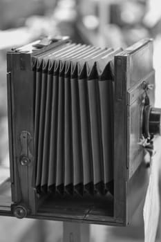 A detail of a bellows camera, or plate chambera. Here, coated glass plates were exposed.