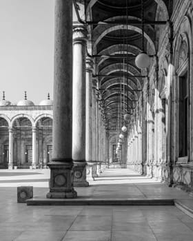 Black and white of passage surrounding the court of The Great Mosque of Muhammad Ali Pasha - Alabaster Mosque - Citadel of Cairo, Egypt