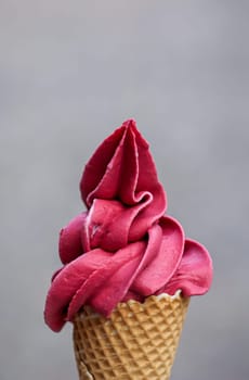 A waffle ice cream cone filled with a delicious freshly made raspberry soft serve ice cream.