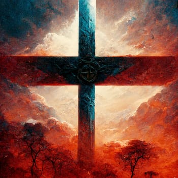 Illustration cross of Jesus Christ with clouds and a light, symbol of christian religion, faith and spirituality concept
