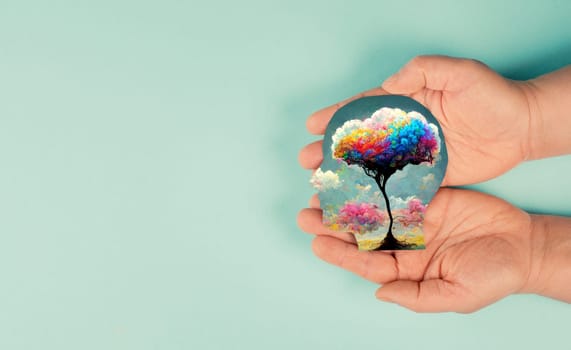 Holding a head with a colorful tree in the hands, symbol for creativity, connection to nature and positive emotion, living in a dream world