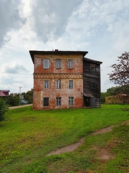 Rostov Veliky, Russia - September 13, 2021: brick facade of the Southwestern tower of the ancient Petrovsky Monastery, place of the Golden ring of Russia.