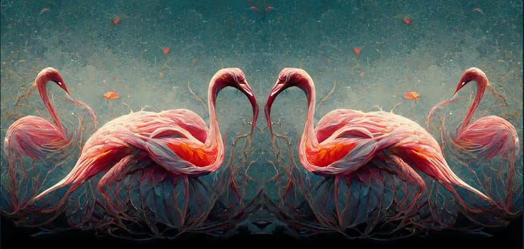 Illustration of flamingos, tropical birds with colorful pink feathers standing in a lake