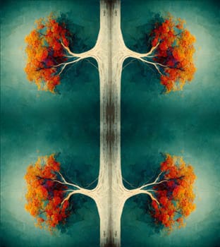 Illustration of a lonely roadway through an autumn colored forest next to the sea, woodland from above, orange trees in the fall