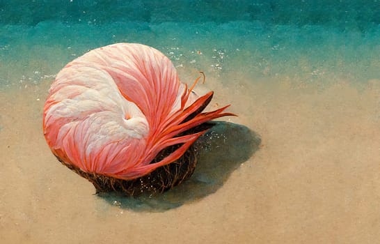 Exotic sea life on a holiday beach, pink colored shell, vacation in the caribbean, abstract flamingo illustration