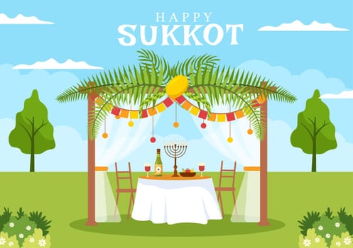 Happy Jewish Holiday Sukkot Hand Drawn Cartoon Flat Illustration with Sukkah, Etrog, Lulav, Arava, Hadas and Decoration Background Design