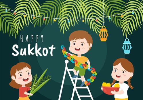 Happy Jewish Holiday Sukkot Hand Drawn Cartoon Flat Illustration with Sukkah, Etrog, Lulav, Arava, Hadas and Decoration Background Design