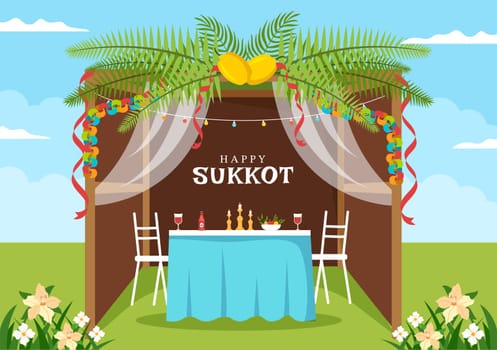 Happy Jewish Holiday Sukkot Hand Drawn Cartoon Flat Illustration with Sukkah, Etrog, Lulav, Arava, Hadas and Decoration Background Design