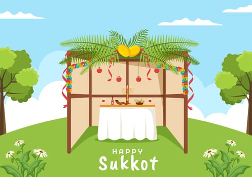 Happy Jewish Holiday Sukkot Hand Drawn Cartoon Flat Illustration with Sukkah, Etrog, Lulav, Arava, Hadas and Decoration Background Design