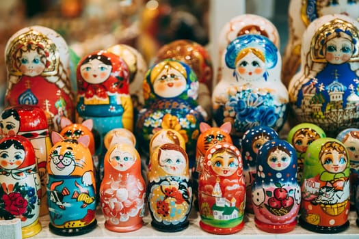 Colorful Russian Nesting Dolls Matreshka At Market. Matrioshka Babushka Are Most Popular Souvenir From Russia.