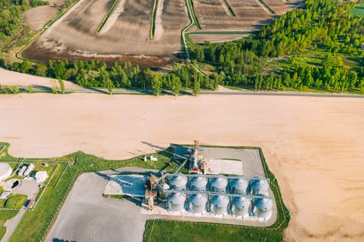 Aerial View Modern Granary, Grain-drying Complex, Commercial Grain Or Seed Silos In Sunny Spring Rural Landscape. Corn Dryer Silos, Inland Grain Terminal, Grain Elevators Standing In A Field.