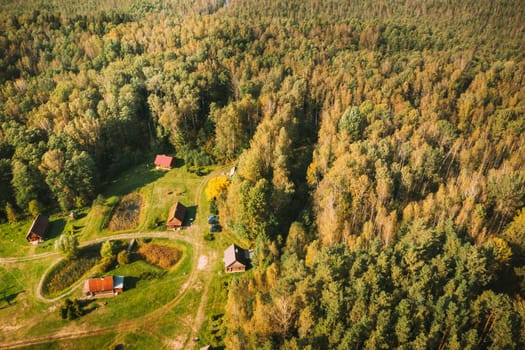 Belarus, Berezinsky Biosphere Reserve. Bird's-eye View Of Nivki Tourist Complex In Autumn Sunny Day. Panorama, Panoramic View.