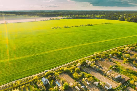 Countryside Rural Landscape With Small Village, Gardens And Green Field In Spring Summer Day. Elevated View.