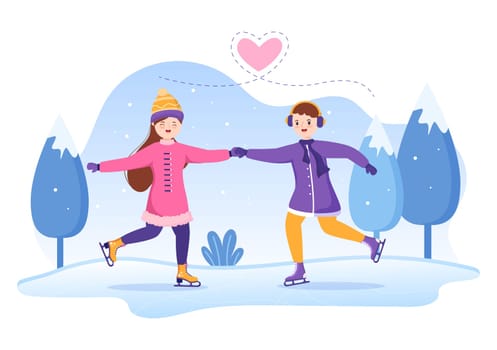 Ice Skating Hand Drawn Cartoon Flat Illustration of Winter Fun Outdoors Sport Activities on Ice Rink with Seasonal Outerwear