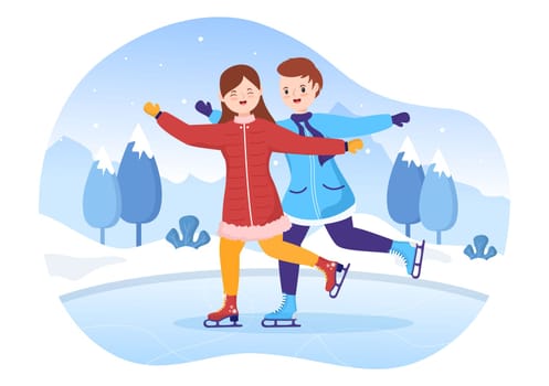 Ice Skating Hand Drawn Cartoon Flat Illustration of Winter Fun Outdoors Sport Activities on Ice Rink with Seasonal Outerwear