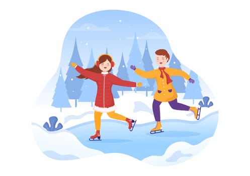 Ice Skating Hand Drawn Cartoon Flat Illustration of Winter Fun Outdoors Sport Activities on Ice Rink with Seasonal Outerwear