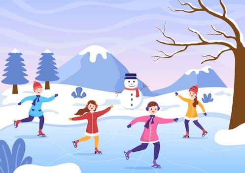Ice Skating Hand Drawn Cartoon Flat Illustration of Winter Fun Outdoors Sport Activities on Ice Rink with Seasonal Outerwear