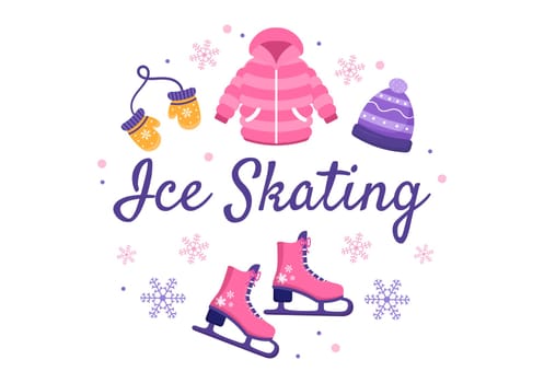 Ice Skating Hand Drawn Cartoon Flat Illustration of Winter Fun Outdoors Sport Activities on Ice Rink with Seasonal Outerwear