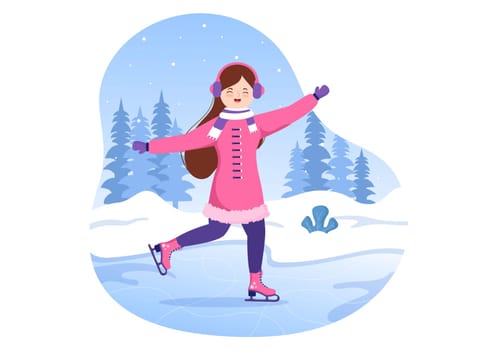 Ice Skating Hand Drawn Cartoon Flat Illustration of Winter Fun Outdoors Sport Activities on Ice Rink with Seasonal Outerwear