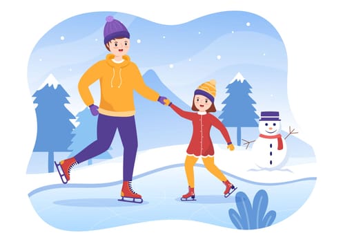 Ice Skating Hand Drawn Cartoon Flat Illustration of Winter Fun Outdoors Sport Activities on Ice Rink with Seasonal Outerwear
