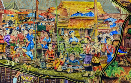 CHIANG MAI,THAILAND - OCTOBER 27, 2014 : Thai mural painting of Lanna people life in the past on temple wall of Wat Chaimongkol Temple in Chiang Mai, Thailand.