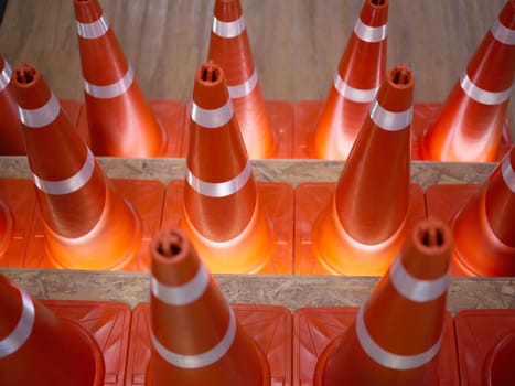 A row of traffic cones background . Concept  traffic
