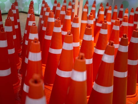 A row of traffic cones background . Concept  traffic