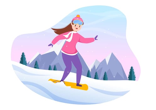 Snowboarding Hand Drawn Cartoon Flat Illustration of People in Winter Outfit Sliding and Jumping with Snowboards at Snowy Mountain Sides or Slopes
