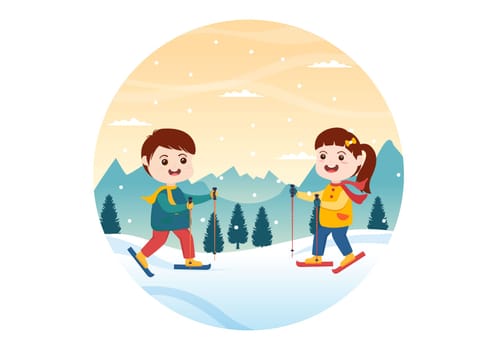 Snowboarding Hand Drawn Cartoon Flat Illustration of Kids in Winter Outfit Sliding and Jumping with Snowboards at Snowy Mountain Sides or Slopes