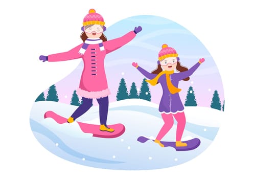 Snowboarding Hand Drawn Cartoon Flat Illustration of People in Winter Outfit Sliding and Jumping with Snowboards at Snowy Mountain Sides or Slopes