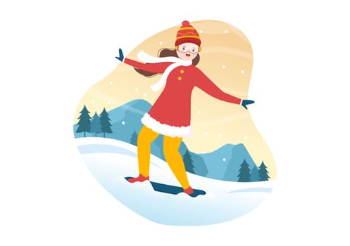 Snowboarding Hand Drawn Cartoon Flat Illustration of People in Winter Outfit Sliding and Jumping with Snowboards at Snowy Mountain Sides or Slopes
